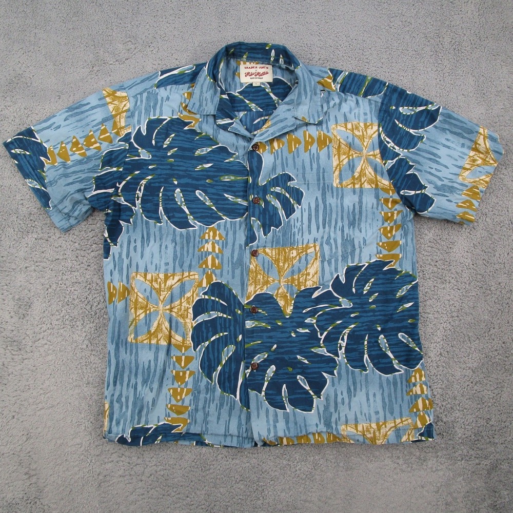 Trader Joe's x Hilo Hattie Mens Blue Monstera Tropical Hawaiian Shirt Large L